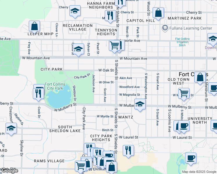 map of restaurants, bars, coffee shops, grocery stores, and more near 307 Scott Avenue in Fort Collins