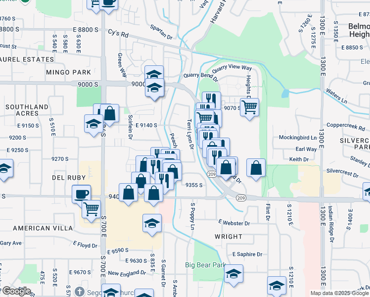 map of restaurants, bars, coffee shops, grocery stores, and more near 911 Karon Circle in Sandy