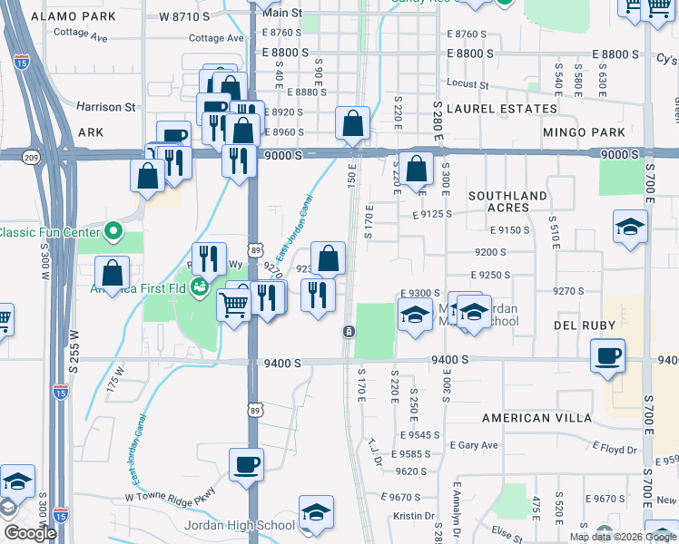 map of restaurants, bars, coffee shops, grocery stores, and more near 126 9200 South in Sandy