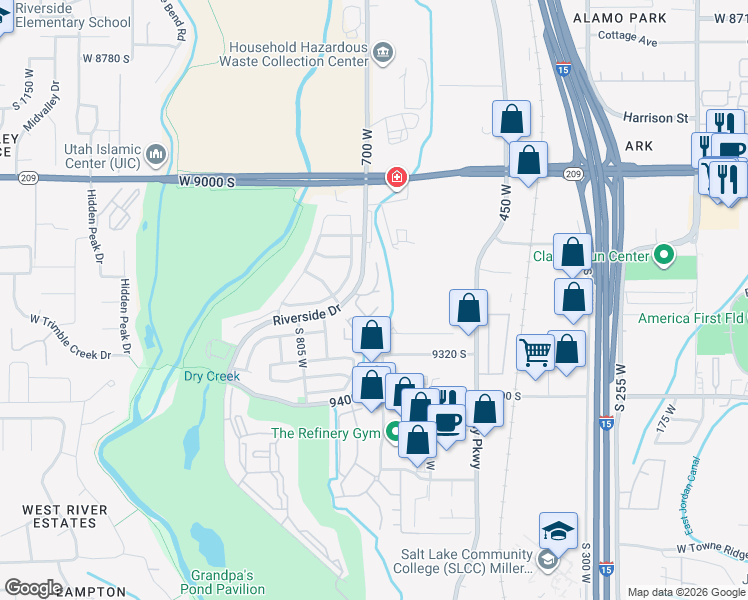 map of restaurants, bars, coffee shops, grocery stores, and more near 664 Jefferson Cove in Sandy
