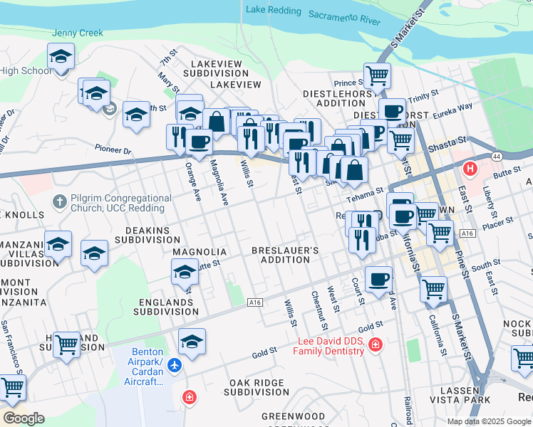 map of restaurants, bars, coffee shops, grocery stores, and more near 2045 Shasta Street in Redding