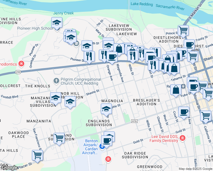 map of restaurants, bars, coffee shops, grocery stores, and more near 1200 Orange Avenue in Redding