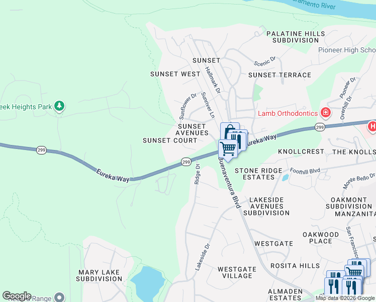 map of restaurants, bars, coffee shops, grocery stores, and more near 4158 Sunflower Drive in Redding