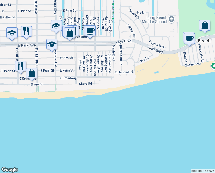 map of restaurants, bars, coffee shops, grocery stores, and more near 71 Harding Avenue in Long Beach
