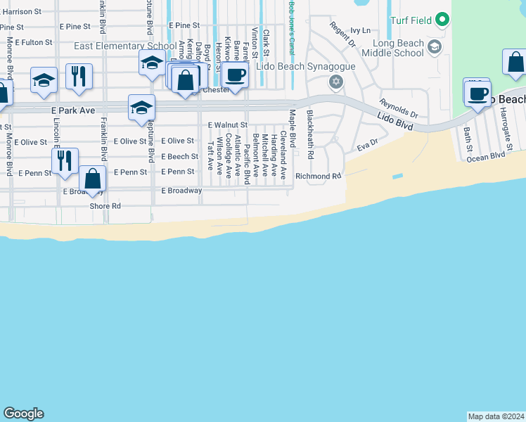 map of restaurants, bars, coffee shops, grocery stores, and more near 71 Harding Avenue in Long Beach