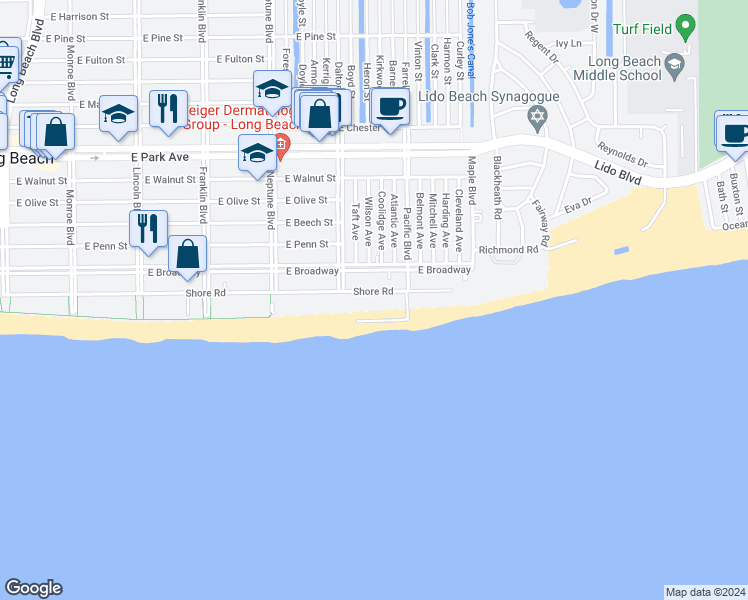map of restaurants, bars, coffee shops, grocery stores, and more near 750 Shore Road in Long Beach