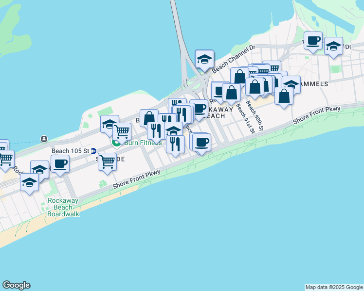 map of restaurants, bars, coffee shops, grocery stores, and more near 1-77 Beach 98th Street in Queens