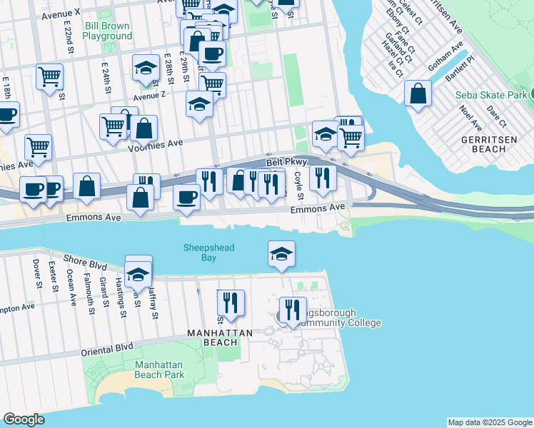 map of restaurants, bars, coffee shops, grocery stores, and more near 3075 Emmons Avenue in Brooklyn