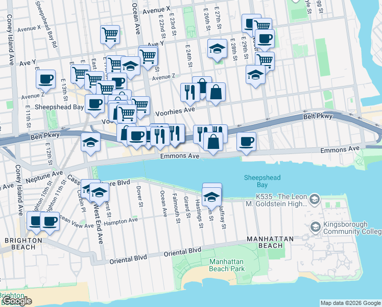 map of restaurants, bars, coffee shops, grocery stores, and more near 2235 Emmons Avenue in Brooklyn