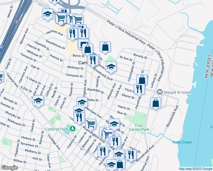 map of restaurants, bars, coffee shops, grocery stores, and more near 116 Sharot Street in Carteret