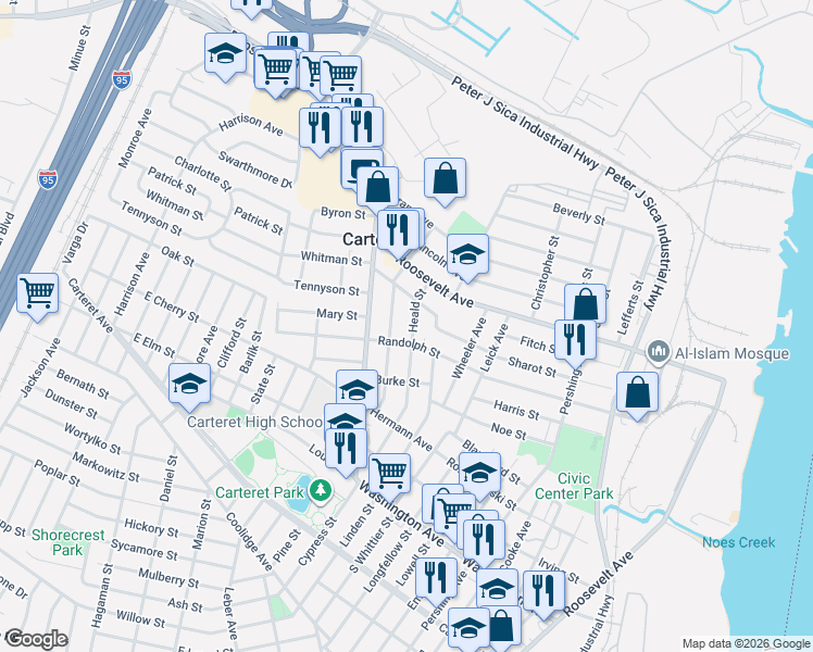 map of restaurants, bars, coffee shops, grocery stores, and more near 128 Heald Street in Carteret