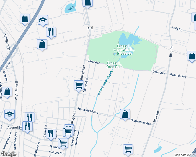 map of restaurants, bars, coffee shops, grocery stores, and more near 100 Morrisey Avenue in Woodbridge Township