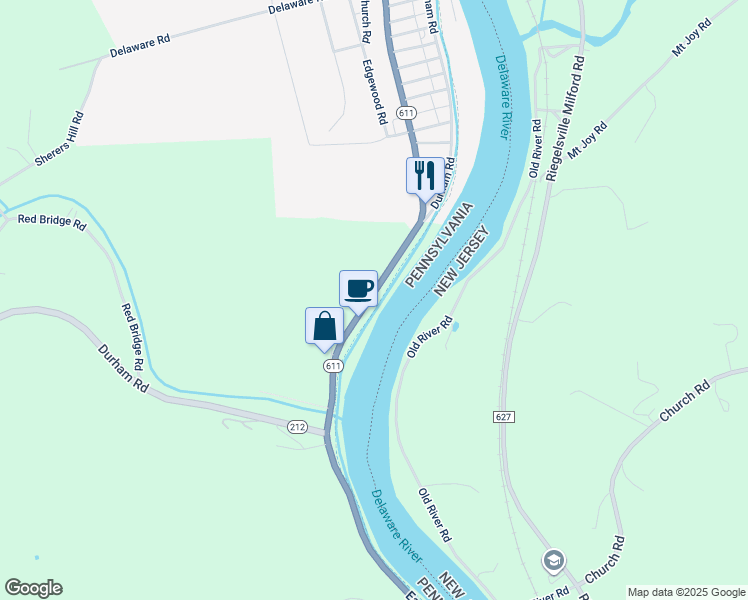 map of restaurants, bars, coffee shops, grocery stores, and more near 1400 Easton Road in Riegelsville