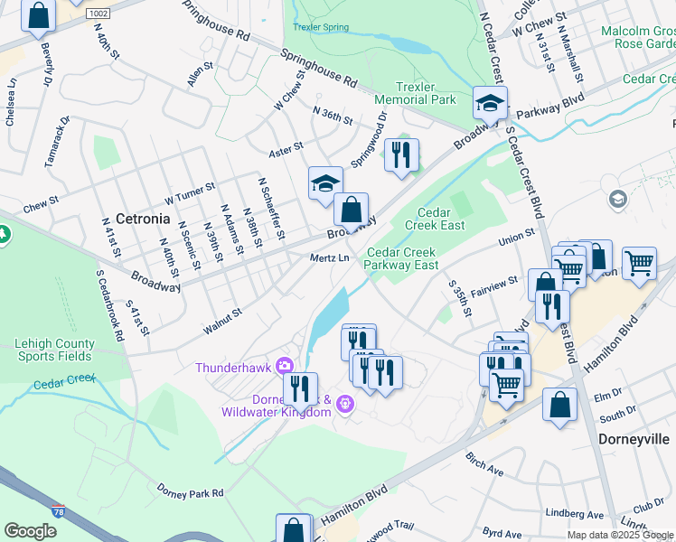map of restaurants, bars, coffee shops, grocery stores, and more near 3607 Dorney Park Road in Allentown