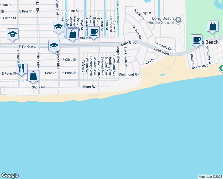 map of restaurants, bars, coffee shops, grocery stores, and more near 71 Harding Avenue in Long Beach