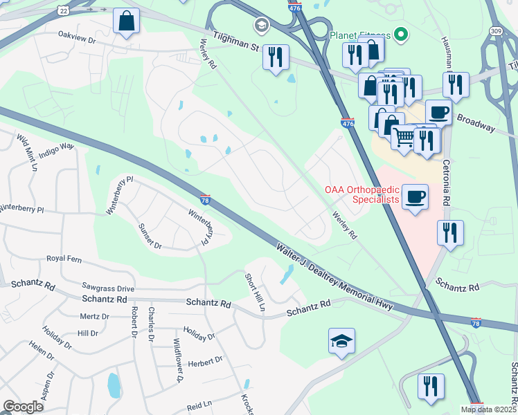 map of restaurants, bars, coffee shops, grocery stores, and more near 306 Redclover Lane in Allentown