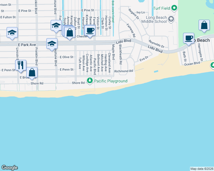 map of restaurants, bars, coffee shops, grocery stores, and more near 71 Harding Avenue in Long Beach