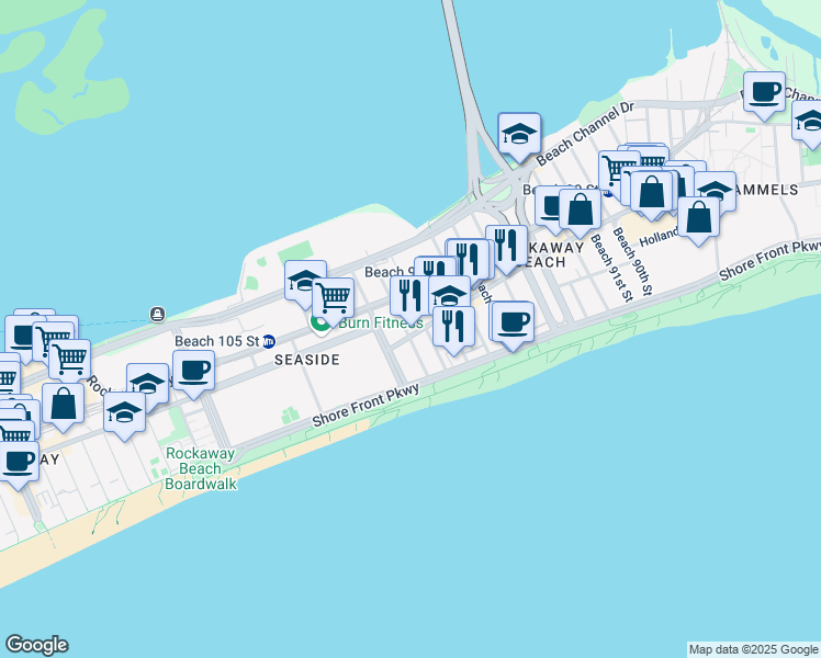 map of restaurants, bars, coffee shops, grocery stores, and more near 9918 Rockaway Beach Boulevard in Queens