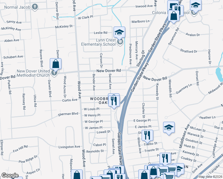 map of restaurants, bars, coffee shops, grocery stores, and more near 85 West Warren Street in Woodbridge Township