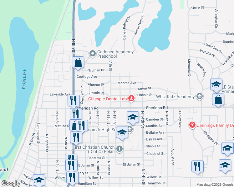 map of restaurants, bars, coffee shops, grocery stores, and more near 1102-1104 Arthur Street in Pekin