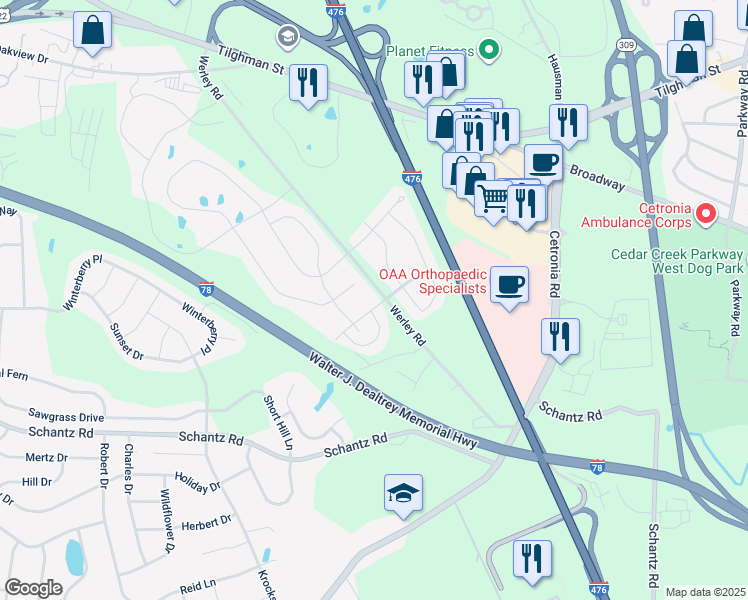 map of restaurants, bars, coffee shops, grocery stores, and more near 5125 Dogwood Trail in Allentown