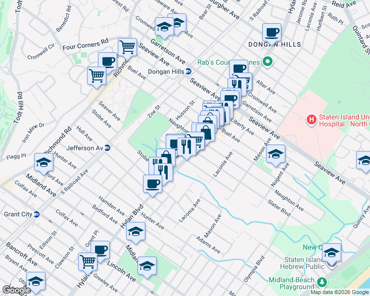 map of restaurants, bars, coffee shops, grocery stores, and more near 1885 Hylan Boulevard in Staten Island