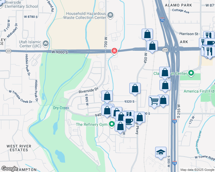 map of restaurants, bars, coffee shops, grocery stores, and more near 635 Jefferson Place in Sandy