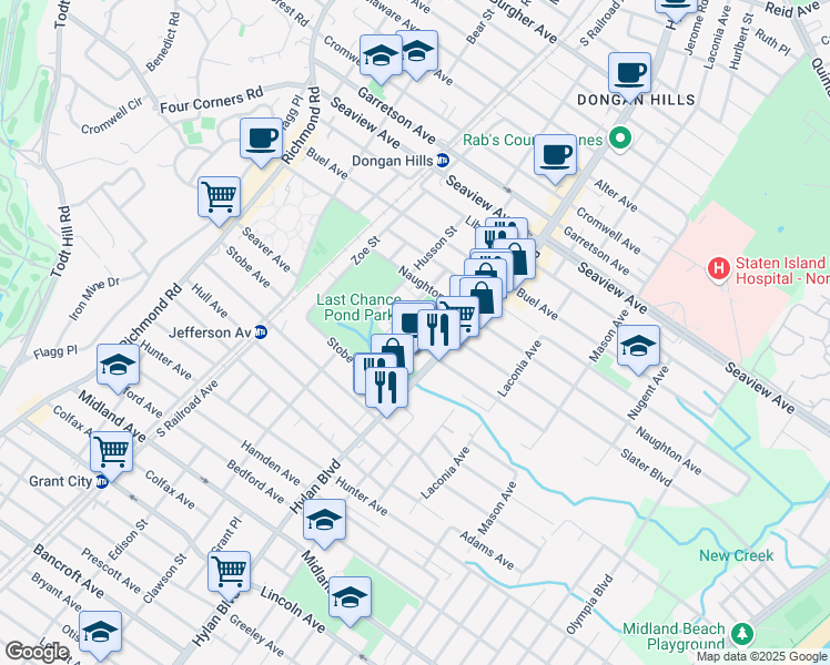 map of restaurants, bars, coffee shops, grocery stores, and more near 225 Seaver Avenue in Staten Island