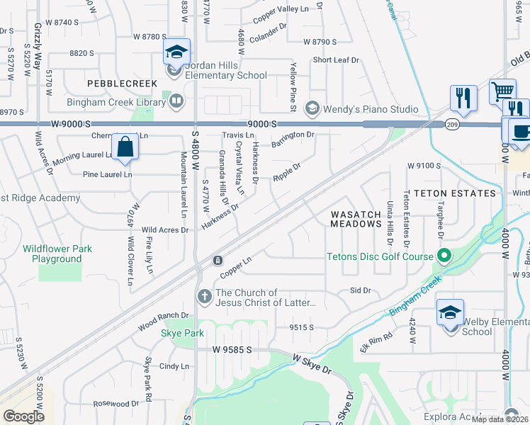 map of restaurants, bars, coffee shops, grocery stores, and more near 4637 Moose Horn Court in West Jordan