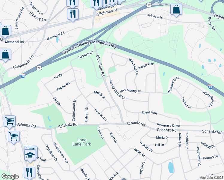 map of restaurants, bars, coffee shops, grocery stores, and more near 5815 Snowy Orchid Lane in Allentown