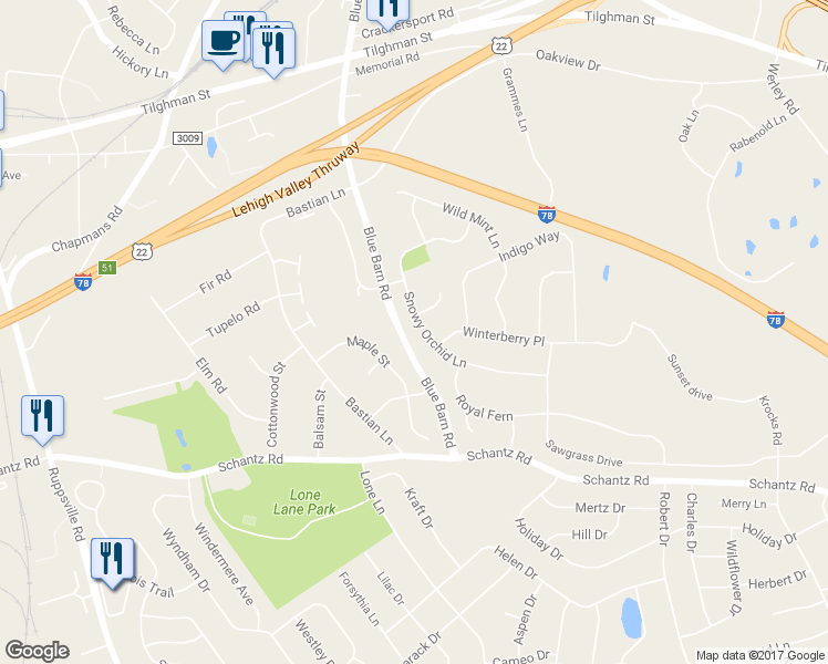 map of restaurants, bars, coffee shops, grocery stores, and more near 5815 Snowy Orchid Lane in Allentown