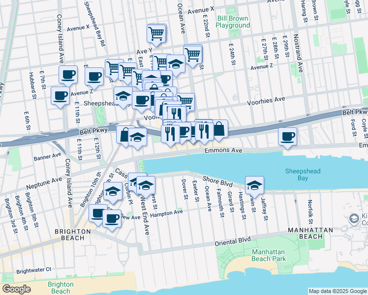map of restaurants, bars, coffee shops, grocery stores, and more near 2804 East 19th Street in Brooklyn