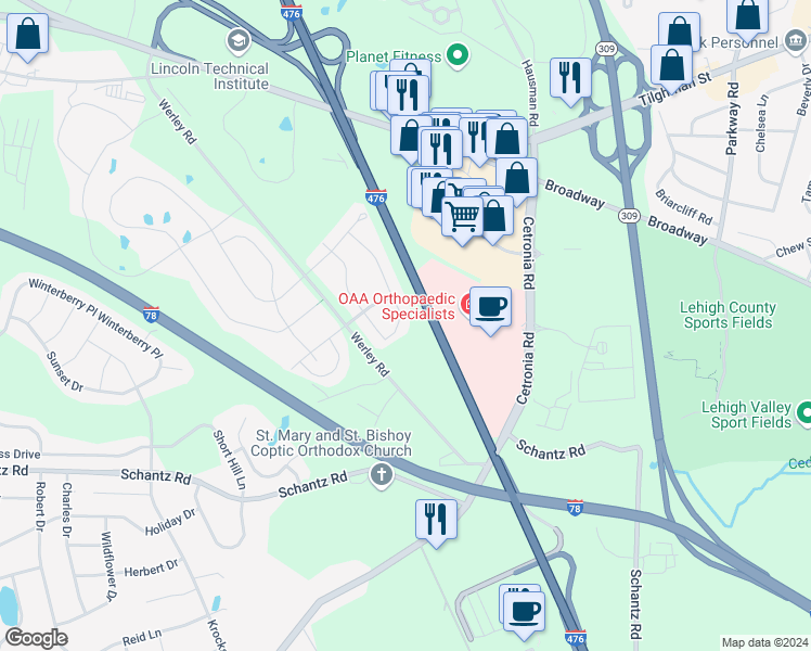 map of restaurants, bars, coffee shops, grocery stores, and more near 244 Milkweed Drive in Allentown