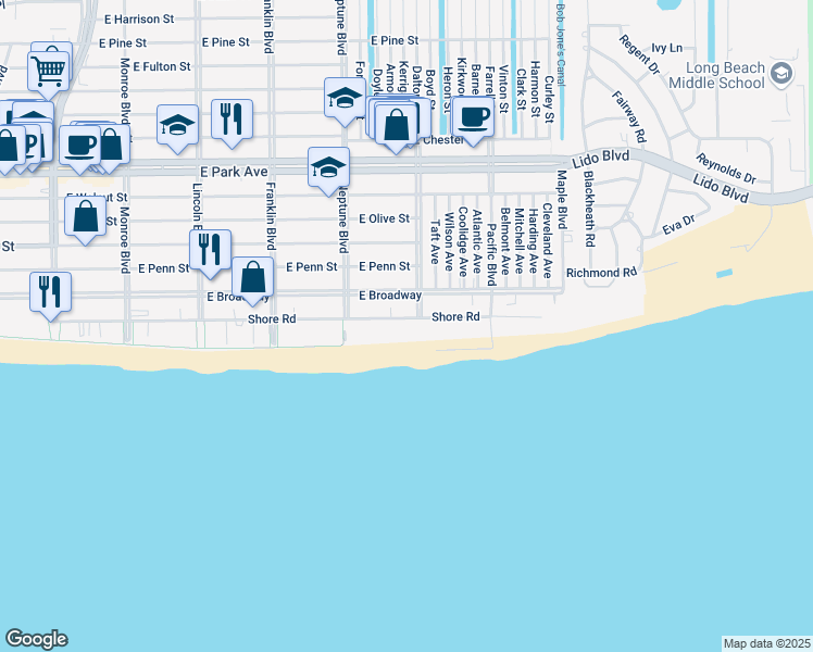 map of restaurants, bars, coffee shops, grocery stores, and more near 666 Shore Road in Long Beach