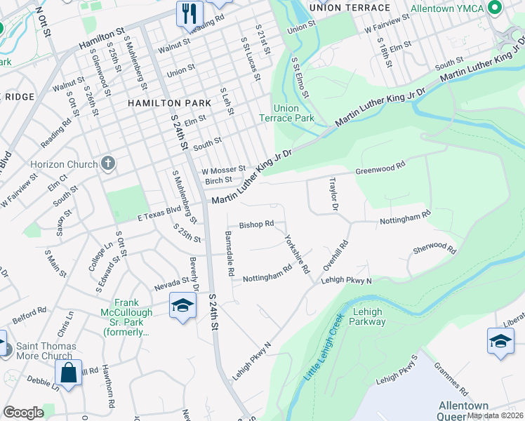 map of restaurants, bars, coffee shops, grocery stores, and more near 740 Yorkshire Road in Allentown