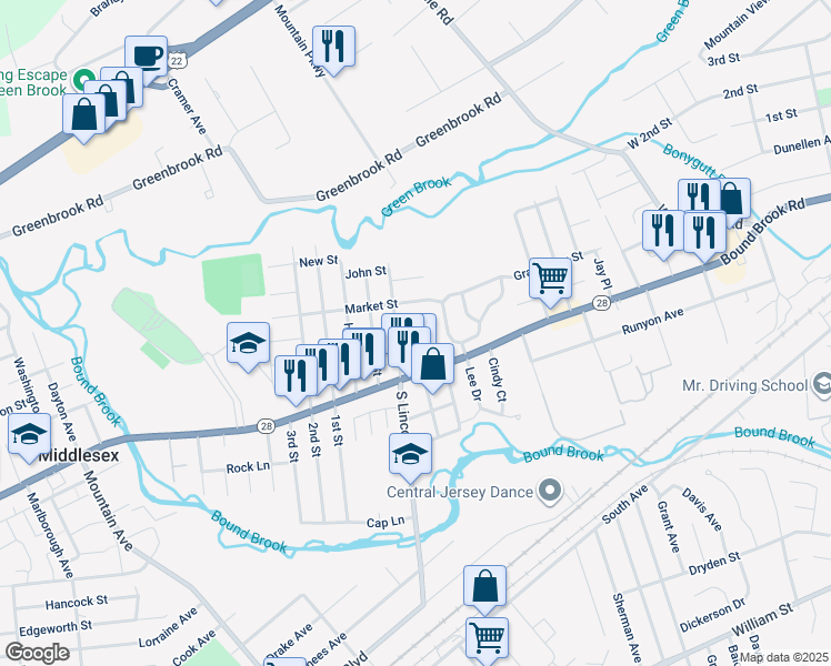 map of restaurants, bars, coffee shops, grocery stores, and more near 93 Conover Place in Middlesex