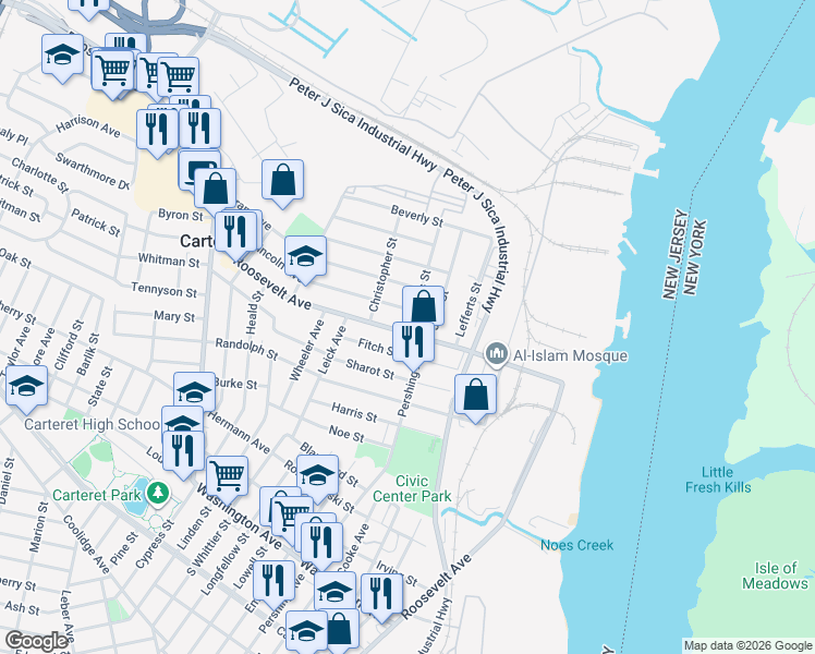 map of restaurants, bars, coffee shops, grocery stores, and more near 1 Charles Street in Carteret