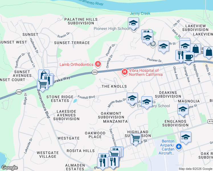 map of restaurants, bars, coffee shops, grocery stores, and more near 3148 Colombard Walk in Redding