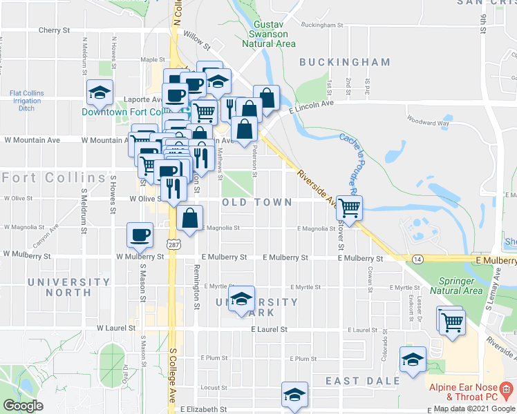 map of restaurants, bars, coffee shops, grocery stores, and more near 306 Peterson Street in Fort Collins