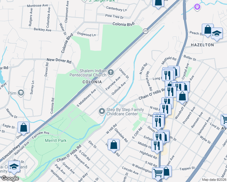 map of restaurants, bars, coffee shops, grocery stores, and more near 450 Outlook Avenue in Woodbridge Township