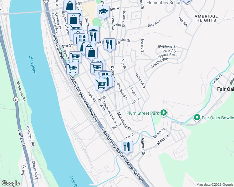 map of restaurants, bars, coffee shops, grocery stores, and more near 508 4th Street in Ambridge