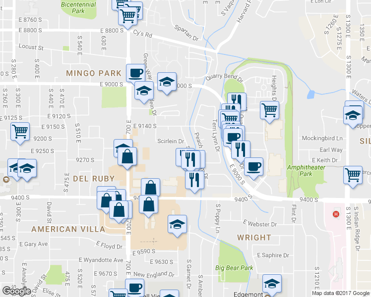 map of restaurants, bars, coffee shops, grocery stores, and more near 9218 South 855 East in Sandy