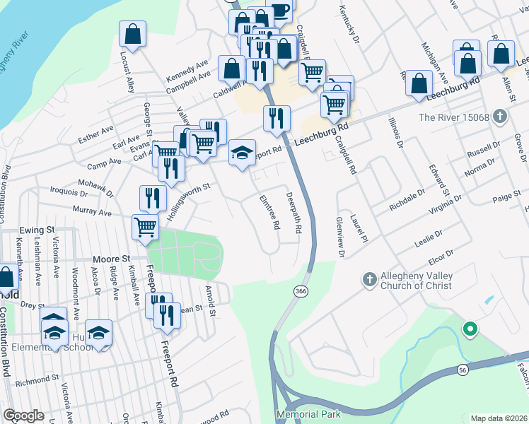 map of restaurants, bars, coffee shops, grocery stores, and more near 216 Elmtree Road in New Kensington