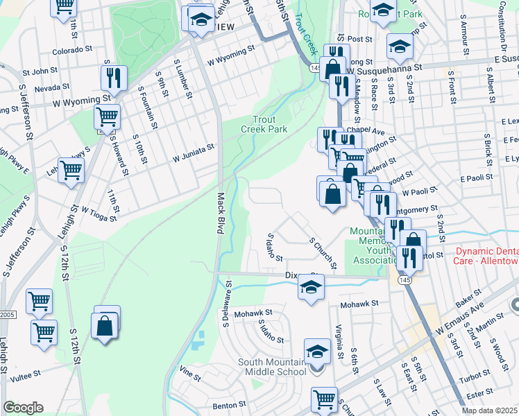 map of restaurants, bars, coffee shops, grocery stores, and more near 732 Trout Creek Lane in Allentown