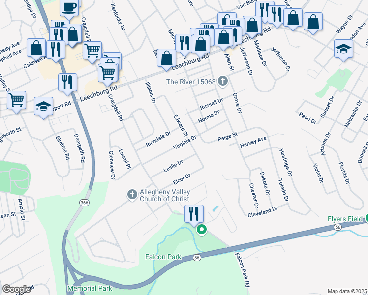 map of restaurants, bars, coffee shops, grocery stores, and more near 2550 Virginia Drive in New Kensington