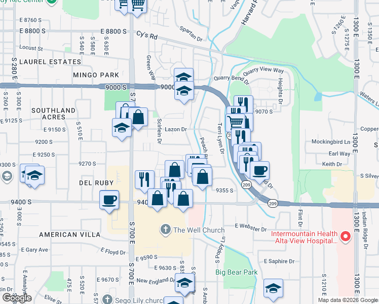 map of restaurants, bars, coffee shops, grocery stores, and more near 9218 South 855 East in Sandy