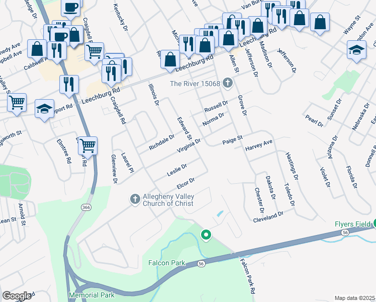 map of restaurants, bars, coffee shops, grocery stores, and more near 2550 Virginia Dr in New Kensington