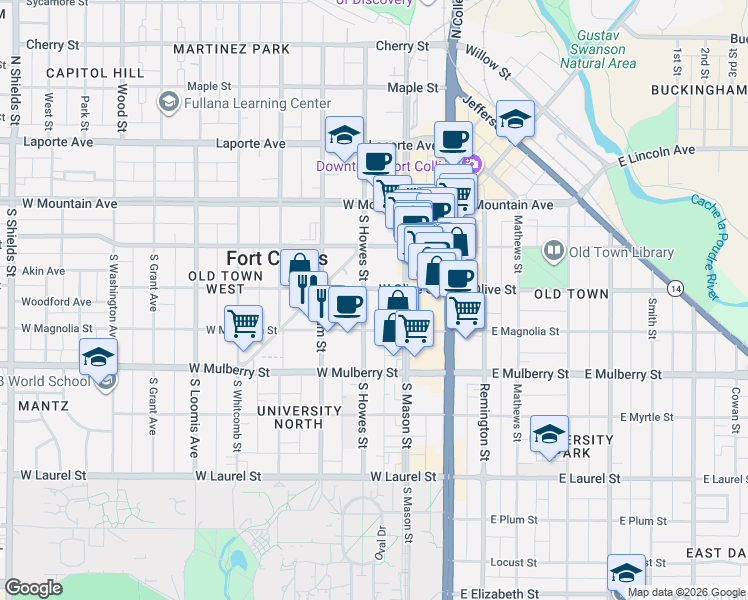 map of restaurants, bars, coffee shops, grocery stores, and more near in Fort Collins