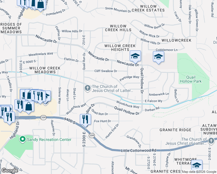 map of restaurants, bars, coffee shops, grocery stores, and more near 2472 East 9150 South in Sandy