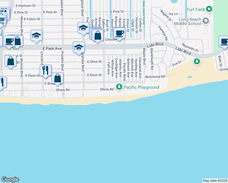 map of restaurants, bars, coffee shops, grocery stores, and more near 750 Shore Road in Long Beach